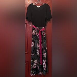 Floral Black Maxi Dress with Pink Accents